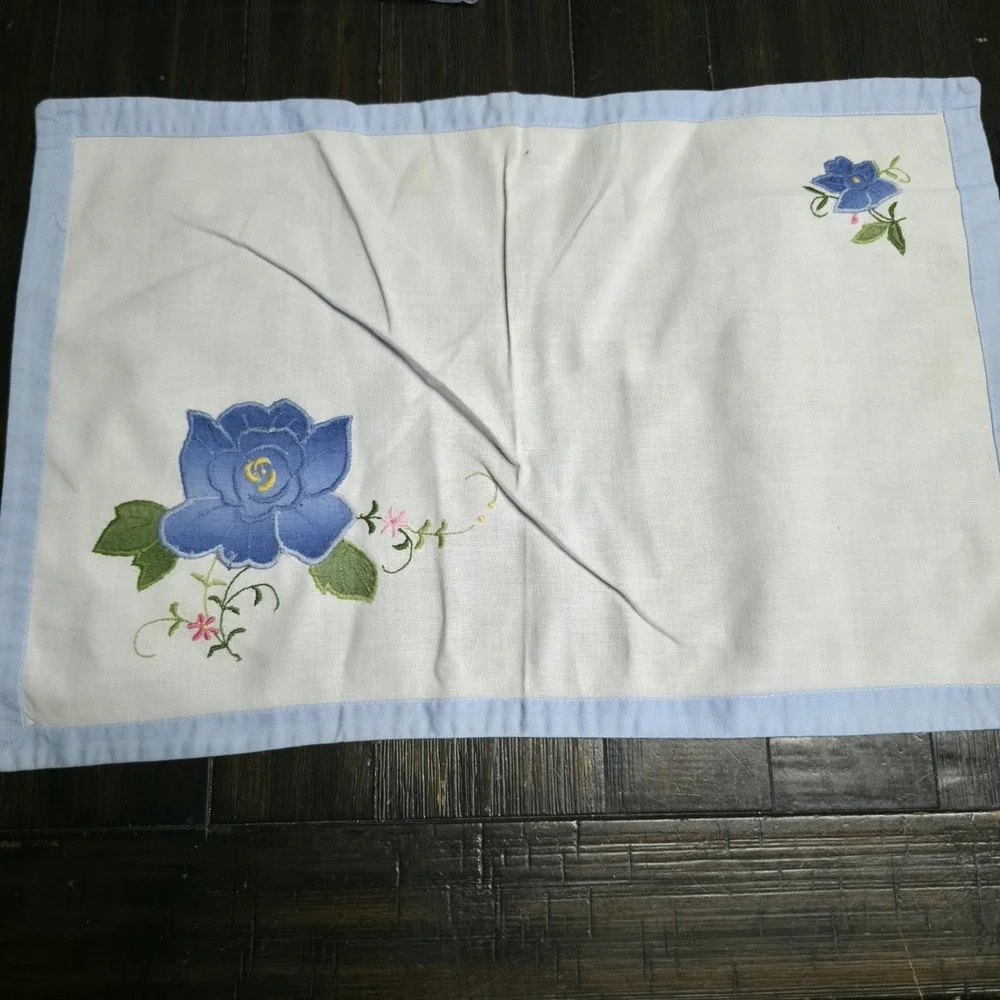 MCM Hand Embroidered Blue Rose Placemats Cotton Linen Table Linens Set of 7